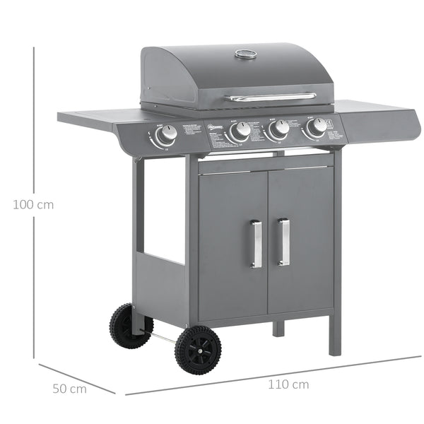 3+1 Burner Gas BBQ Grill, Outdoor Barbecue Trolley with Wheels, Warming Rack, Side Shelves, Cabinet, Thermometer for Garden, Party, Camping, 110L x 50W x 100Hcm, Grey