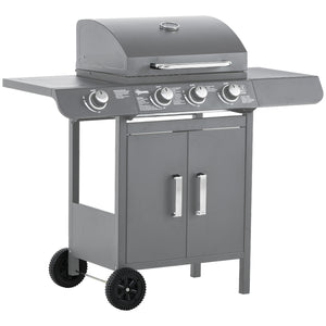 3+1 Burner Gas BBQ Grill, Outdoor Barbecue Trolley with Wheels, Warming Rack, Side Shelves, Cabinet, Thermometer for Garden, Party, Camping, 110L x 50W x 100Hcm, Grey