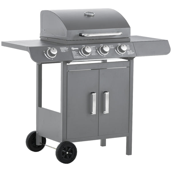 3+1 Burner Gas BBQ Grill, Outdoor Barbecue Trolley with Wheels, Warming Rack, Side Shelves, Cabinet, Thermometer for Garden, Party, Camping, 110L x 50W x 100Hcm, Grey