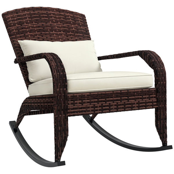 Outdoor Wicker Adirondack Rocking Chair, Patio Rattan Rocker Chair with High Back, Seat Cushion and Pillow for Garden, Porch, Balcony, Cream White/Brown