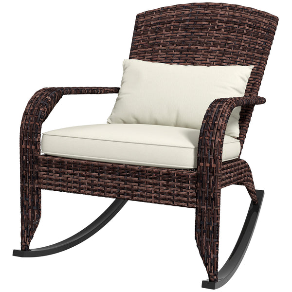 Outdoor Wicker Adirondack Rocking Chair, Patio Rattan Rocker Chair with High Back, Seat Cushion and Pillow for Garden, Porch, Balcony, Cream White/Brown