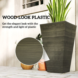 Tall Planter for Outdoor Plants Set of 3, 28 Inch Taper Planter with Drainage Holes, Wood Grain Decor Garden Pot for Indoor Outdoor Porch Patio Backyard, Dark Brown