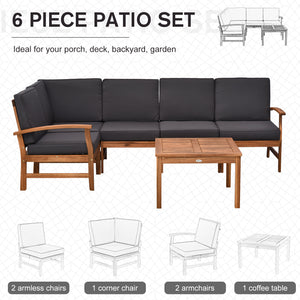 Outsunny 6 Piece L Shape Garden Sofa Set Solid Acacia Wood Garden Furniture Set with a Coffee Table for Yard and Bistro, Gray