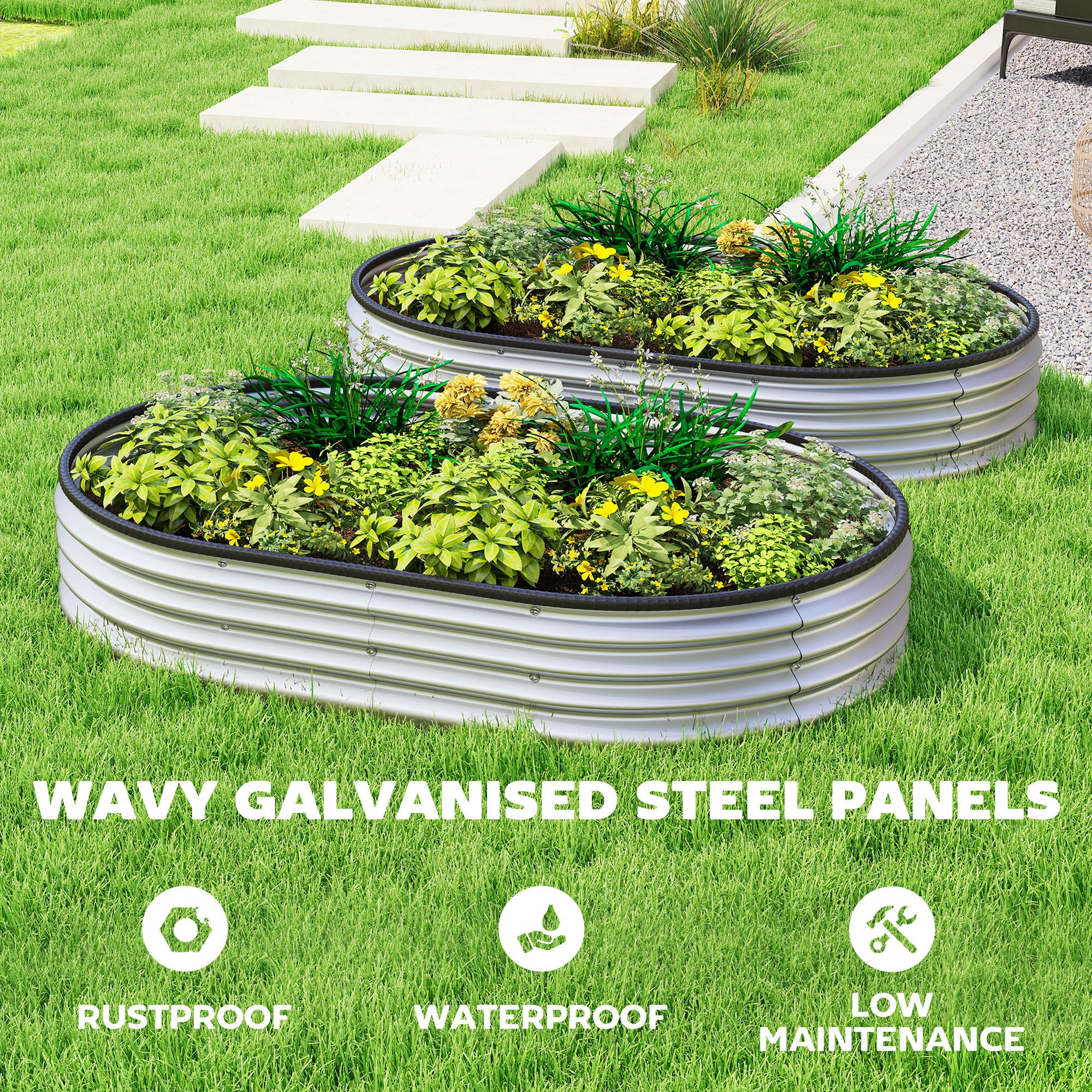 Outsunny 2pcs 5 x 3 x 1 ft Galvanized Raised Garden Beds, Silver