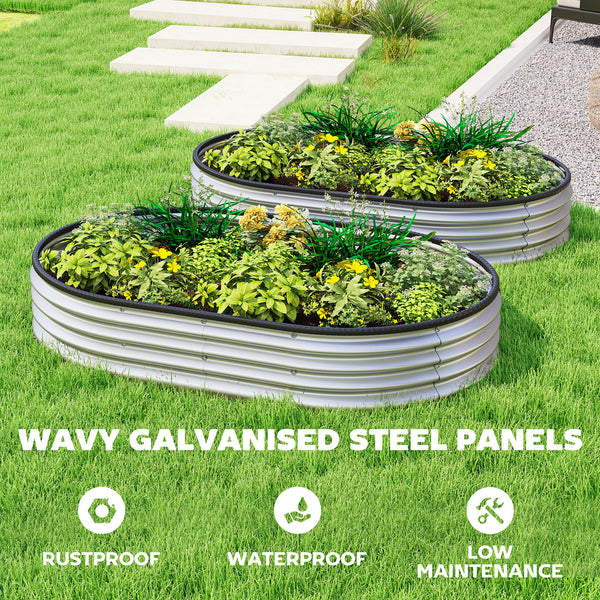 2Pcs Galvanized Raised Garden Bed, 5 x 3 x 1 ft Modular Metal Garden Beds with Rubber Strip Edging, Oval Outdoor Planter Box for Vegetables, Flowers, Herbs, Silver