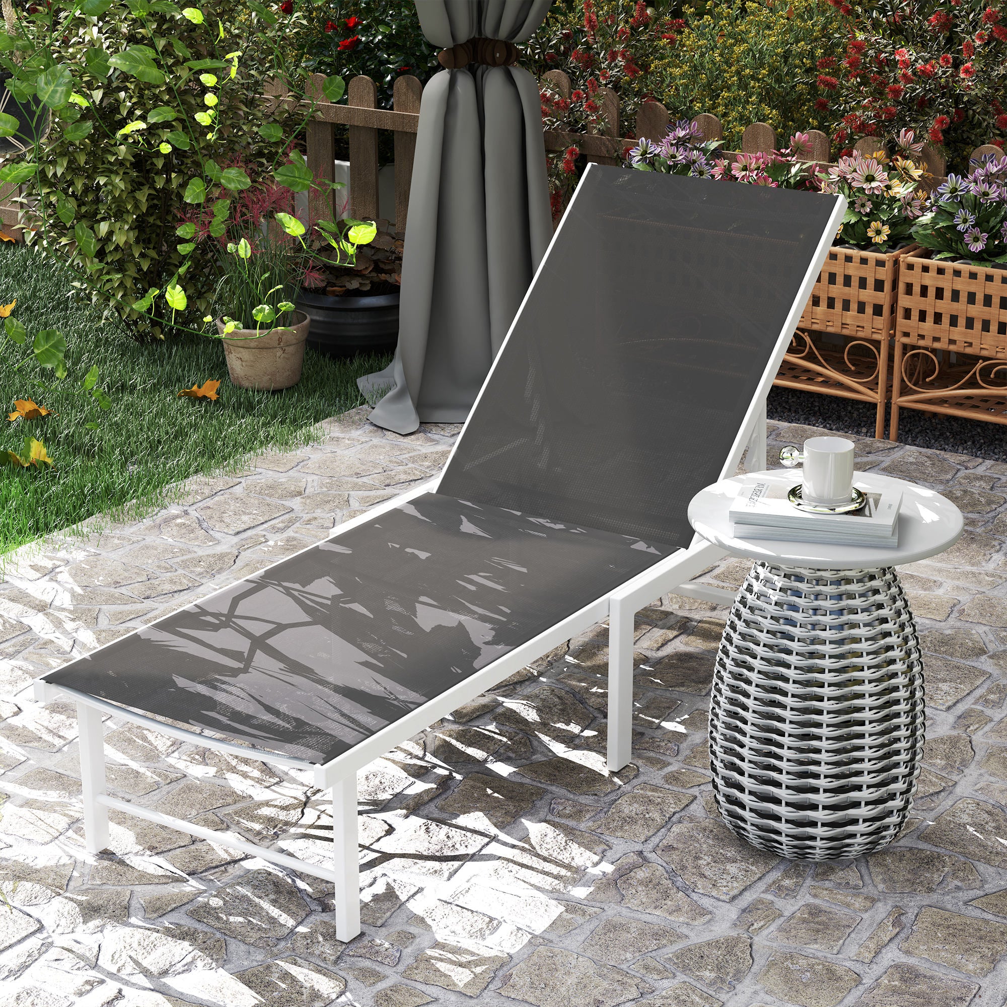 Reclining Outdoor Chaise Lounge Chair w/ 5-Level Adjustable Backrest Mesh Seat, Grey