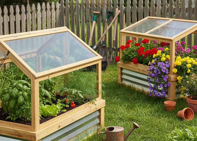Garden with wooden raised beds, plants, and flowers in a backyard setting.