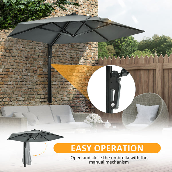 2.5m Wall Mounted Parasol, Hand to Push Outdoor Patio Umbrella with 180 Degree Rotatable Canopy for Porch, Deck, Garden, 250 cm, Grey