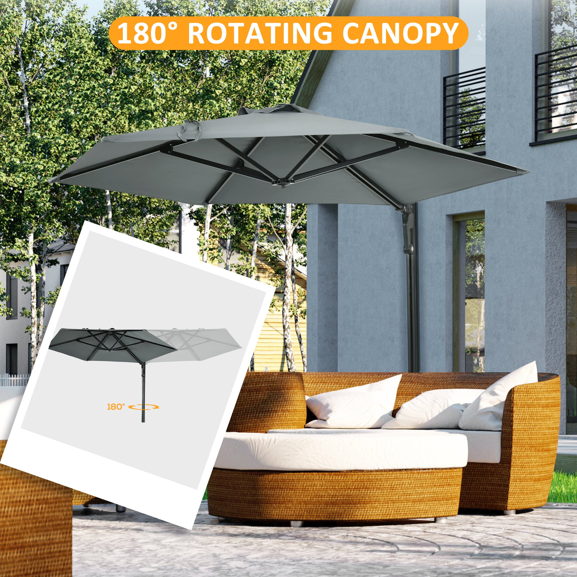Outsunny 2.5m Wall Mounted Parasol with 180 Degree Rotatable Canopy for Porch, Deck, Garden, Grey