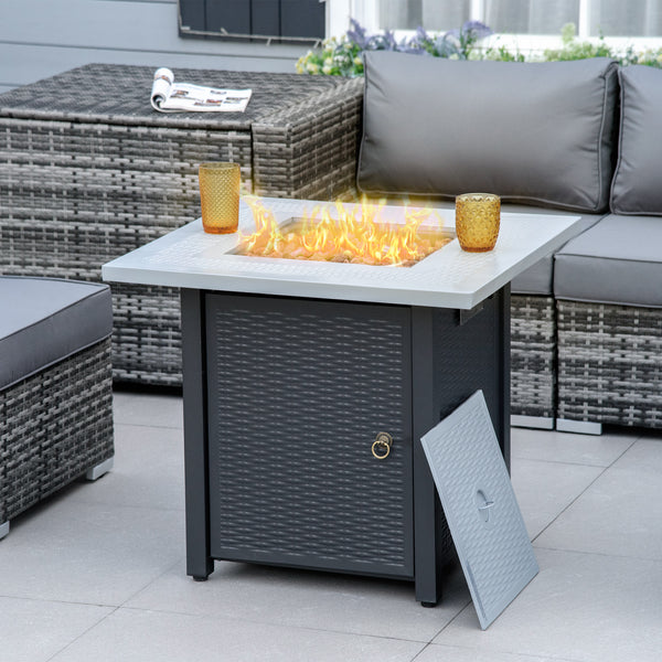 Square Propane Gas Fire Pit Table, 40000 BTU Rattan Smokeless Firepit Patio Heater with Lava Rocks and Lid, 71cm x 71cm x 62cm, Black