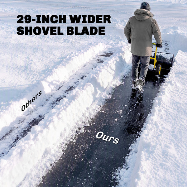 Snow Shovel with Wheels, 29" x 18" Heavy Duty Metal Snow Pusher with 5-Level Adjustable Handle, 7-Angle Blade, Bottom Wear Strip for Driveway, Sidewalks, Garden, Deck, Yellow