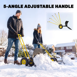 Snow Shovel with Wheels, 29" x 18" Heavy Duty Metal Snow Pusher with 5-Level Adjustable Handle, 7-Angle Blade, Bottom Wear Strip for Driveway, Sidewalks, Garden, Deck, Yellow