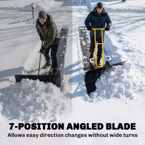 Snow Shovel with Wheels, 29" x 18" Heavy Duty Metal Snow Pusher with 5-Level Adjustable Handle, 7-Angle Blade, Bottom Wear Strip for Driveway, Sidewalks, Garden, Deck, Yellow
