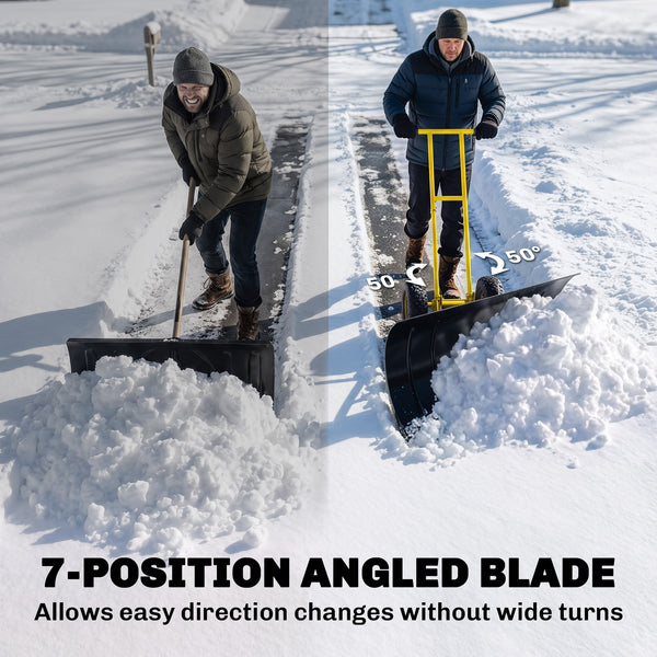 Snow Shovel with Wheels, 29" x 18" Heavy Duty Metal Snow Pusher with 5-Level Adjustable Handle, 7-Angle Blade, Bottom Wear Strip for Driveway, Sidewalks, Garden, Deck, Yellow