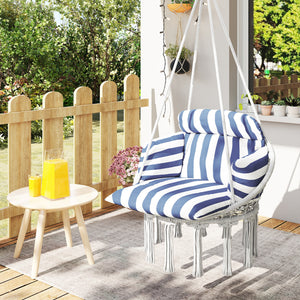 Hammock Swing Chair, Outdoor Hanging Chair with Large Cushion, Cotton Rope Weaving Macrame Swing with Chain, 265 LBS Capacity for Indoor, Outdoor, Bedroom, Patio, Balcony, Blue and White