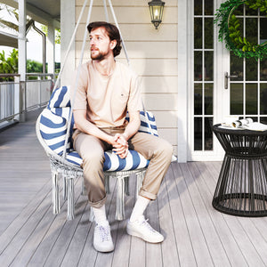 Hammock Swing Chair, Outdoor Hanging Chair with Large Cushion, Cotton Rope Weaving Macrame Swing with Chain, 265 LBS Capacity for Indoor, Outdoor, Bedroom, Patio, Balcony, Blue and White