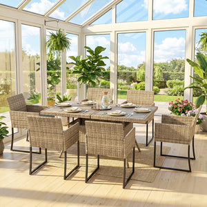 7 Piece Rattan Garden Furniture Set, Garden Dining Set with Wood-Plastic Table and 6 Stackable Chairs, Rattan Table and Chairs with 6 Cushions for Patio Terrace, Dark Grey