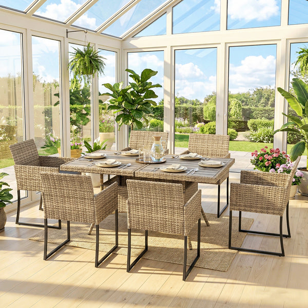 7 Piece Rattan Garden Furniture Set, Garden Dining Set with Wood-Plastic Table and 6 Stackable Chairs, Rattan Table and Chairs with 6 Cushions for Patio Terrace, Dark Grey
