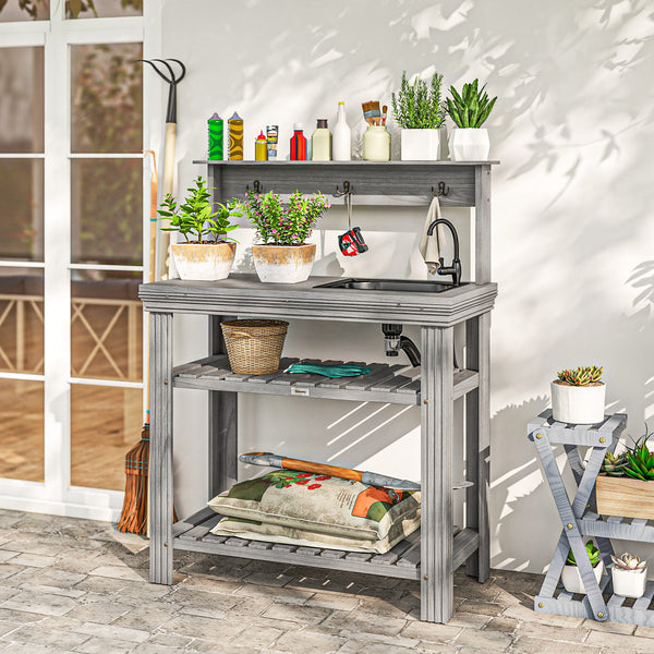 Outdoor Potting Bench Table with Faucet, Removable Sink, Hooks and Storage Shelves, Wood Work Bench Workstation for Greenhouse, Garden, Patio, Grey