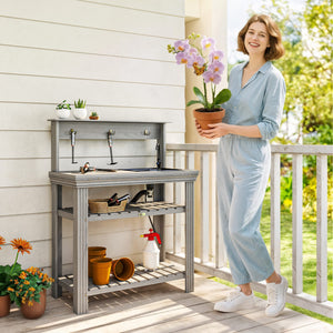 Outdoor Potting Bench Table with Faucet, Removable Sink, Hooks and Storage Shelves, Wood Work Bench Workstation for Greenhouse, Garden, Patio, Grey