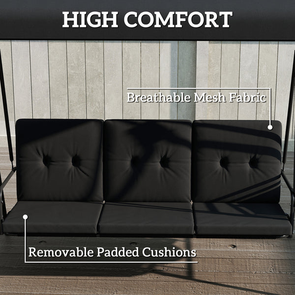 3-Seat Patio Swing Chair, Outdoor Porch Swing Glider with Adjustable Canopy, Side Tray, Removable Cushion, Steel Frame, Breathable Mesh Seat for Garden, Poolside, Black