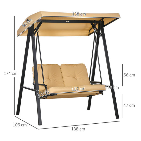 2 Seater Garden Swing Chair with Adjustable Tilting Canopy, Outdoor Hammock Bench with Steel Frame for Patio, Beige