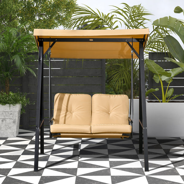 2 Seater Garden Swing Chair with Adjustable Tilting Canopy, Outdoor Hammock Bench with Steel Frame for Patio, Beige