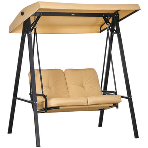 2 Seater Garden Swing Chair with Adjustable Tilting Canopy, Outdoor Hammock Bench with Steel Frame for Patio, Beige