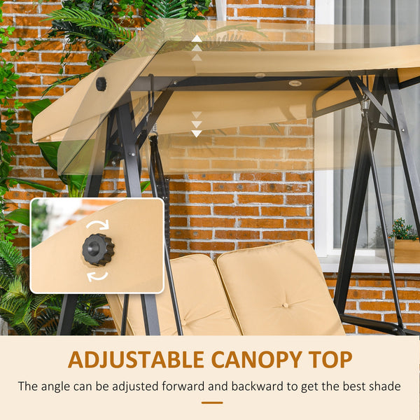 2 Seater Garden Swing Chair with Adjustable Tilting Canopy, Outdoor Hammock Bench with Steel Frame for Patio, Beige