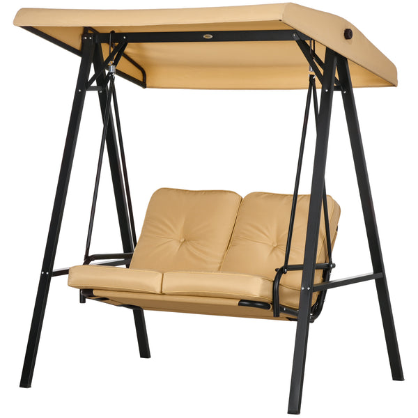 2 Seater Garden Swing Chair with Adjustable Tilting Canopy, Outdoor Hammock Bench with Steel Frame for Patio, Beige