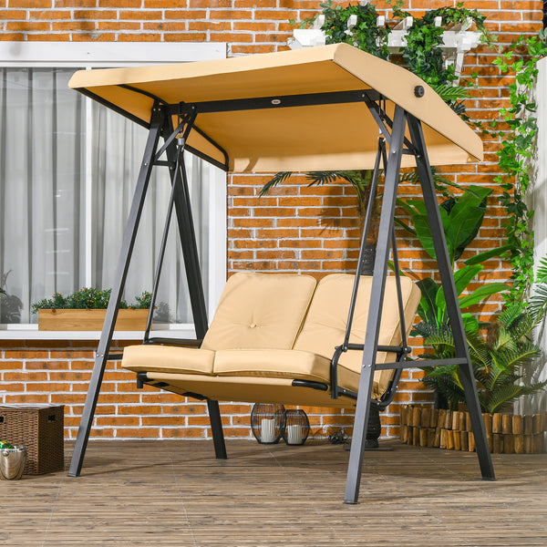 2 Seater Garden Swing Chair with Adjustable Tilting Canopy, Outdoor Hammock Bench with Steel Frame for Patio, Beige