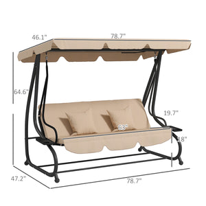 Outsunny 3-Seat Outdoor Patio Swing Chair, Converting Flatbed, Outdoor Swing Glider with Adjustable Canopy, Removable Cushion and Pillows, for Porch, Garden, Poolside, Backyard, Ecru