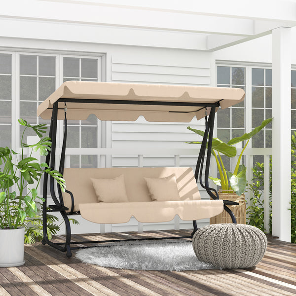 Outsunny 3-Seat Outdoor Patio Swing Chair, Converting Flatbed, Outdoor Swing Glider with Adjustable Canopy, Removable Cushion and Pillows, for Porch, Garden, Poolside, Backyard, Ecru