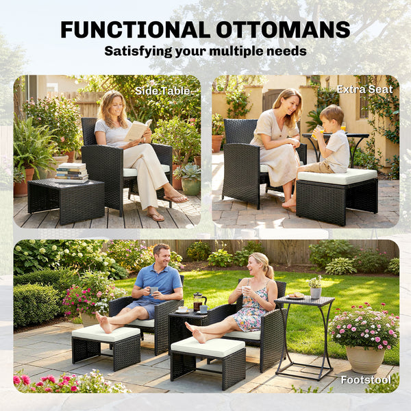 6 Piece Rattan Garden Furniture Set, Space-Saving Patio Furniture Conversation Set with 2 Nesting Tables, 2 Chairs, 2 Footstools, Wicker Outdoor Sofa with Cushions for Balcony Porch, Black