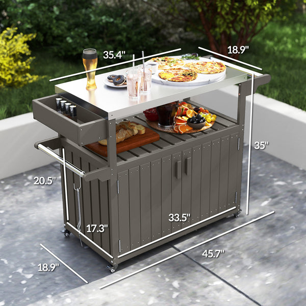 Outdoor Bar Cart with Storage Cabinet, Stainless Steel Top Kitchen Island on Wheels, HDPE Outdoor Bar Table, Movable Patio Beverage Food Prep Table for BBQ Picnic, Dark Gray