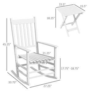 Outsunny Outdoor Rocking Chair Set of 2 with Side Table, Patio Wooden Rocking Chair with Smooth Armrests, High Back for Garden, Balcony, Porch, Supports Up to 352 lbs. , White