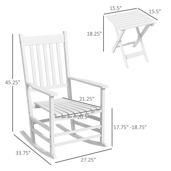 Outsunny Outdoor Rocking Chair Set of 2 with Side Table, Patio Wooden Rocking Chair with Smooth Armrests, High Back for Garden, Balcony, Porch, Supports Up to 352 lbs. , White