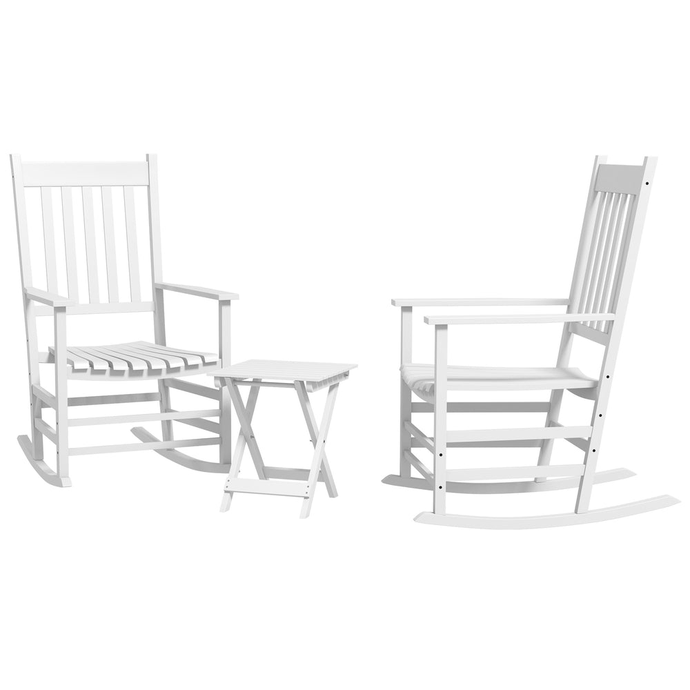 Outsunny Outdoor Rocking Chair Set of 2 with Side Table, Patio Wooden Rocking Chair with Smooth Armrests, High Back for Garden, Balcony, Porch, Supports Up to 352 lbs. , White