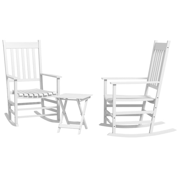 Outsunny Outdoor Rocking Chair Set of 2 with Side Table, Patio Wooden Rocking Chair with Smooth Armrests, High Back for Garden, Balcony, Porch, Supports Up to 352 lbs. , White