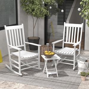 Outsunny Outdoor Rocking Chair Set of 2 with Side Table, Patio Wooden Rocking Chair with Smooth Armrests, High Back for Garden, Balcony, Porch, Supports Up to 352 lbs. , White