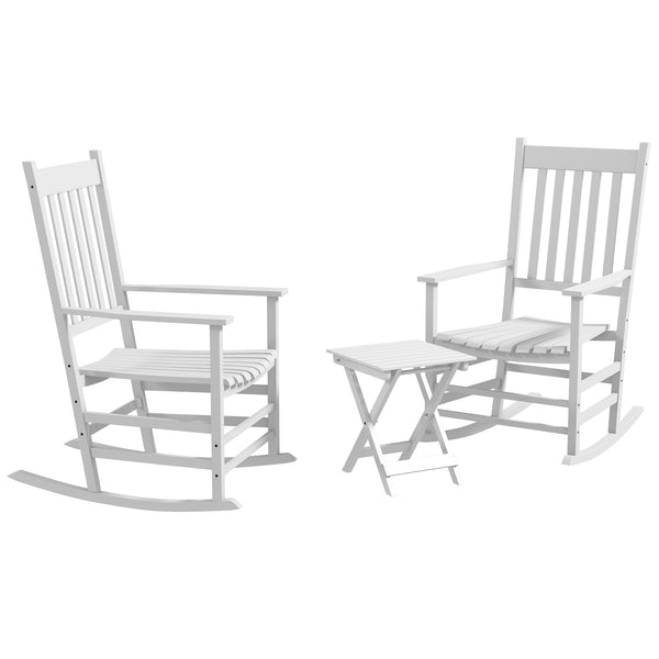 Outsunny Outdoor Rocking Chair Set of 2 with Side Table, Patio Wooden Rocking Chair with Smooth Armrests, High Back for Garden, Balcony, Porch, Supports Up to 352 lbs. , White