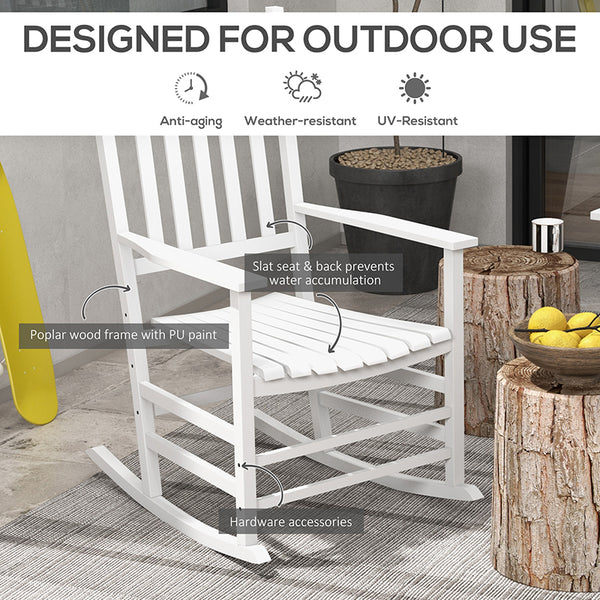 Outsunny Outdoor Rocking Chair Set of 2 with Side Table, Patio Wooden Rocking Chair with Smooth Armrests, High Back for Garden, Balcony, Porch, Supports Up to 352 lbs. , White