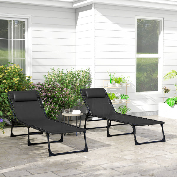 Folding Chaise Lounge Chair Set of 2, Patio Sun Tanning Chair, Outdoor Chaise Lounger with 4-Position Reclining Back, Breathable Mesh Seat for Beach, Poolside, Black
