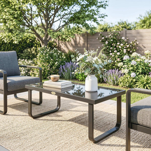 Metal Garden Coffee Table, Outdoor Rectangle Side Table with Tempered Glass Tabletop and Adjustable Foot Pads for Terrace, Balcony, Patio, 90 x 45 x 33 cm, Black