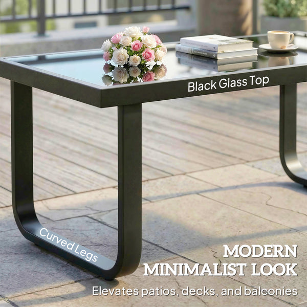 Metal Garden Coffee Table, Outdoor Rectangle Side Table with Tempered Glass Tabletop and Adjustable Foot Pads for Terrace, Balcony, Patio, 90 x 45 x 33 cm, Black