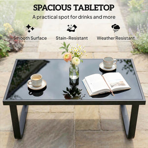 Metal Garden Coffee Table, Outdoor Rectangle Side Table with Tempered Glass Tabletop and Adjustable Foot Pads for Terrace, Balcony, Patio, 90 x 45 x 33 cm, Black