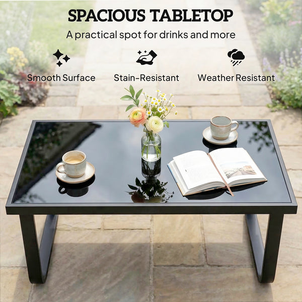 Metal Garden Coffee Table, Outdoor Rectangle Side Table with Tempered Glass Tabletop and Adjustable Foot Pads for Terrace, Balcony, Patio, 90 x 45 x 33 cm, Black