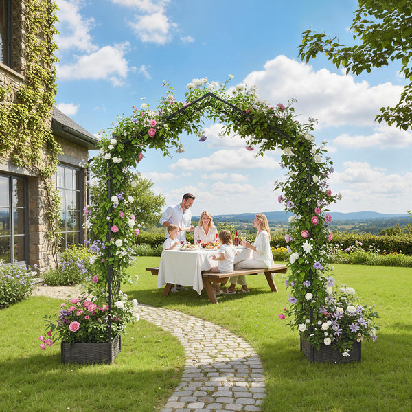 7.3ft Garden Arch with 2 Planter Boxes, PE-Coated Steel Outdoor Trellis Arbor for Climbing Plants, Wedding Arch for Party Outdoor Garden Backyard, Black