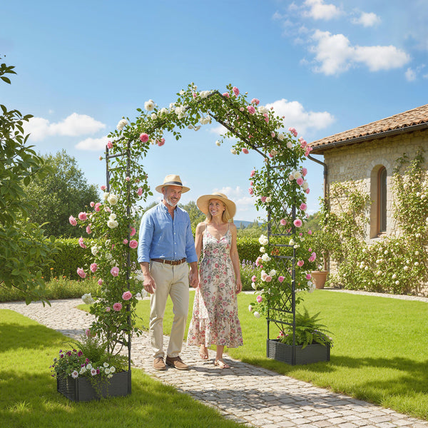 7.3ft Garden Arch with 2 Planter Boxes, PE-Coated Steel Outdoor Trellis Arbor for Climbing Plants, Wedding Arch for Party Outdoor Garden Backyard, Black