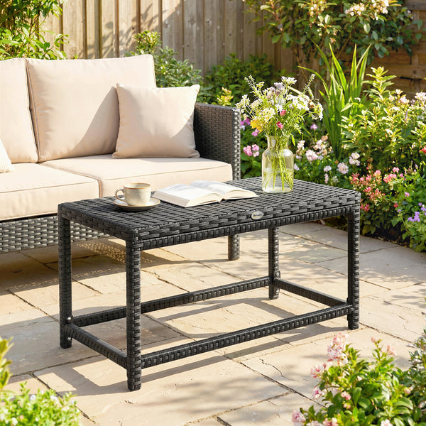 Outdoor Coffee Table, Garden PE Rattan Side Table with Plastic Board Under the Full Woven Table Top and Rectangular Frame for Patio, Balcony, Black